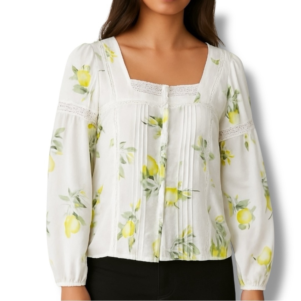 Hester & Orchard Anthropologie White Lemon Print Blouse – Size Large